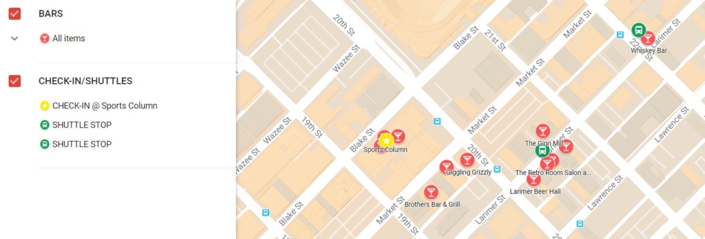 Event map of the venue area showing parking, check-in and shuttle stops